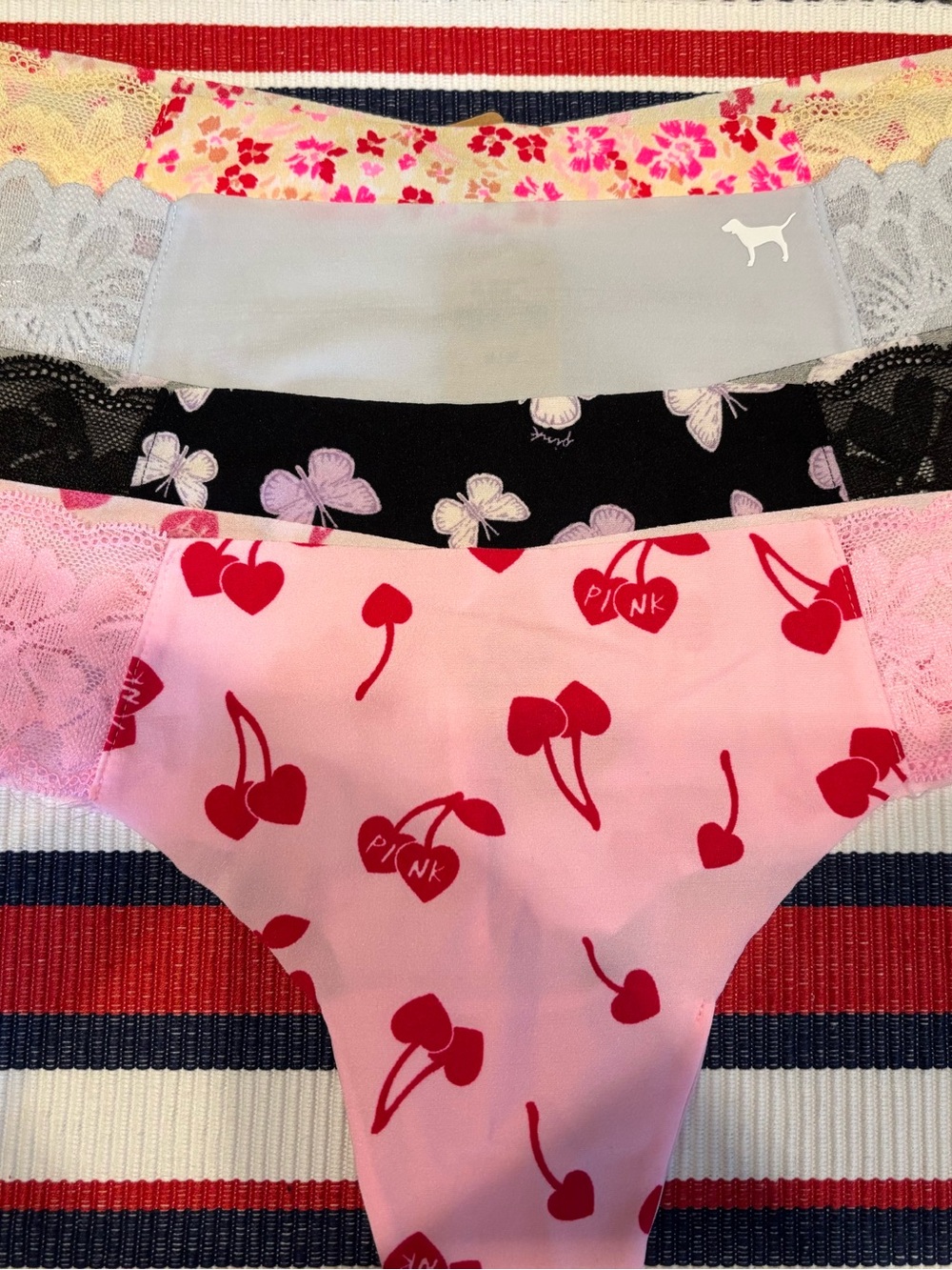 4 Victoria’s Secret pink lace, trim, no-show, thong panties Medium